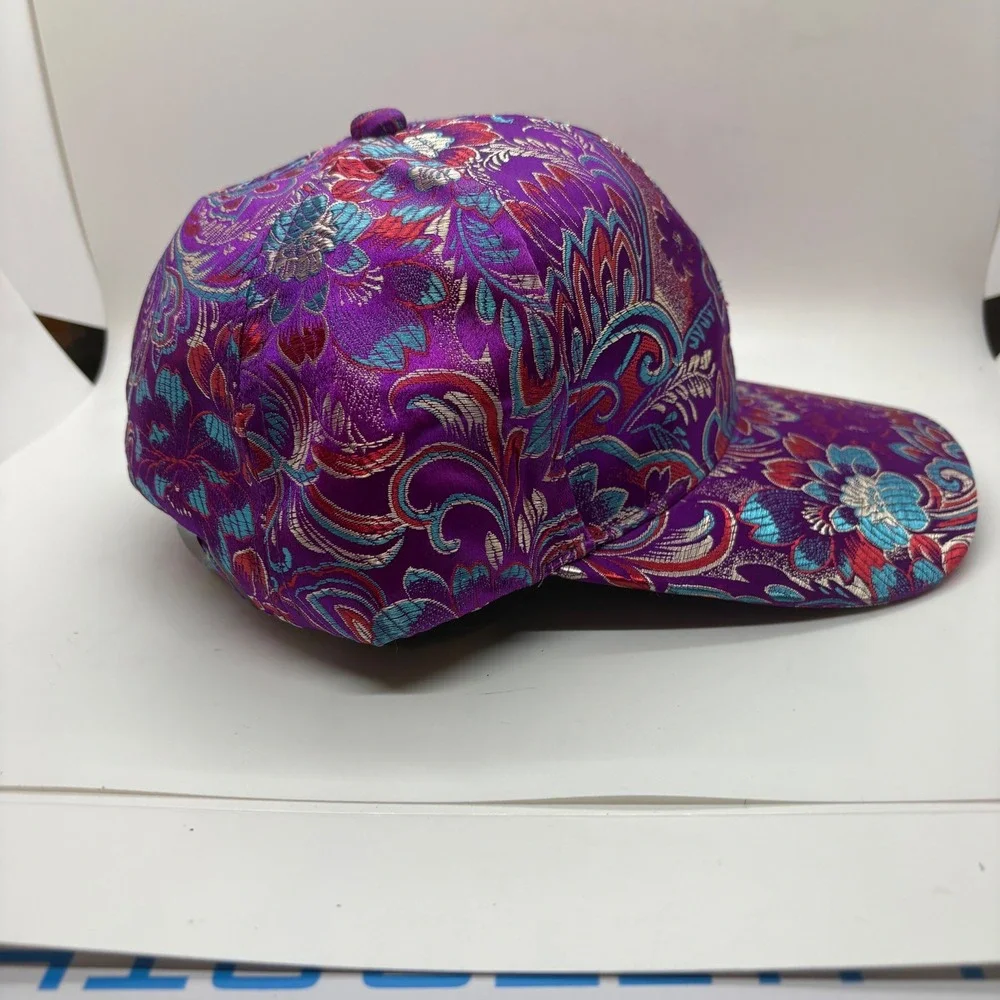 Purple Floral Brocade Baseball Cap Metallic Satin Adjustable Strap Hat